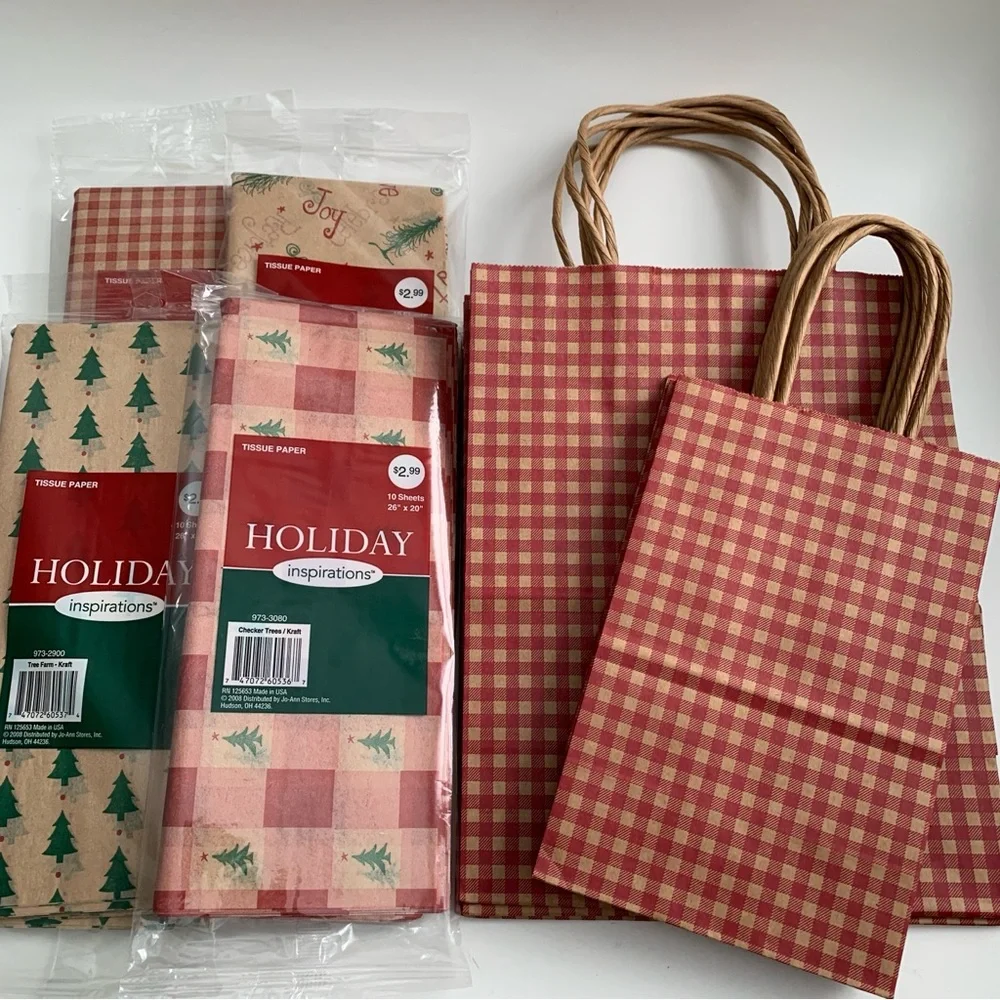 Red Gingham Gift Bags with Festive Tissue Paper Bundle